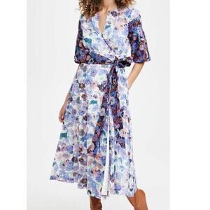 NEW Tanya Taylor Frida Tie Waist Cotton Mixed Meadow Blue Floral Wrap Midi Dress